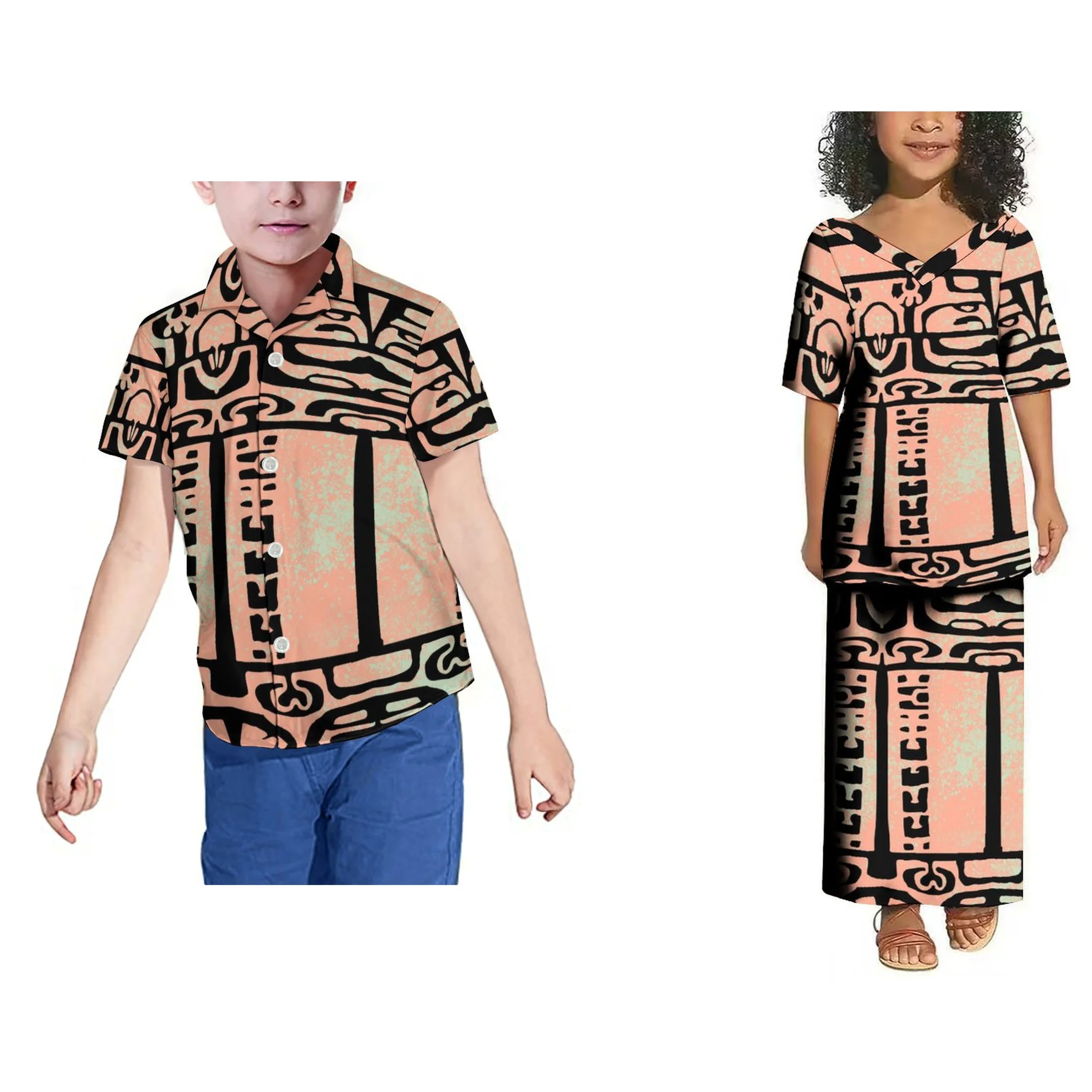 Polynesian Design Tongan Kids Puletasi V Neck Top And Skirts 2 Pieces Sets Girls Dress
