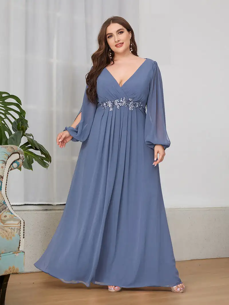 Plus size Evening Dresses V-Neck Long Sleeves A-LINE Floor-Length Gown 2024 ever pretty of Dusty Navy Bridesmaid dress Women