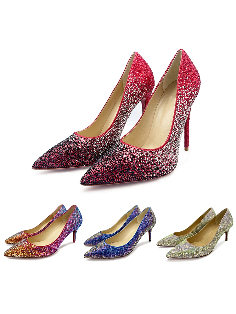 Luxury Brand Leather Red Bottom Pumps Women's 2022 New Pointed Wedding Shoes Crystal Sequin
