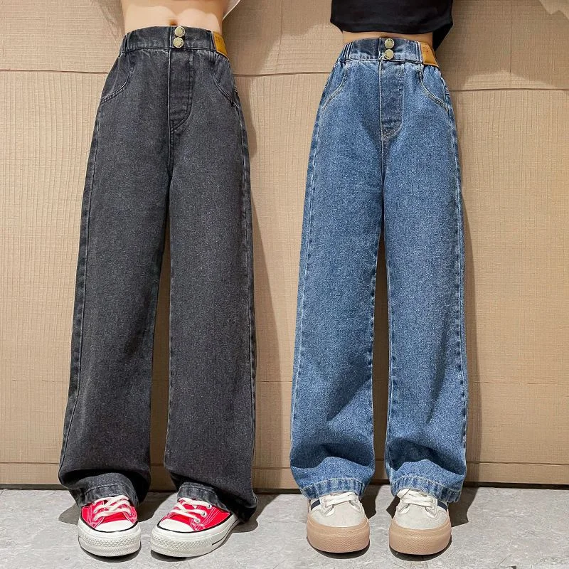 جينز فضفاض غير رسمي للفتيات ، بنطال طويل مستقيم للمدرسة ، ساق واسعة ، للأطفال من سن 5 إلى 14 سنة ، الخريف