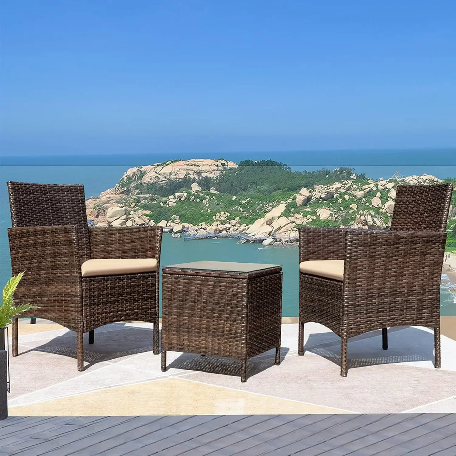 New2025-3 Pieces Patio Furniture Sets Outdoor PE Rattan Wicker Chairs with Soft Cushion and Glass Coffee Table for Garden Backya