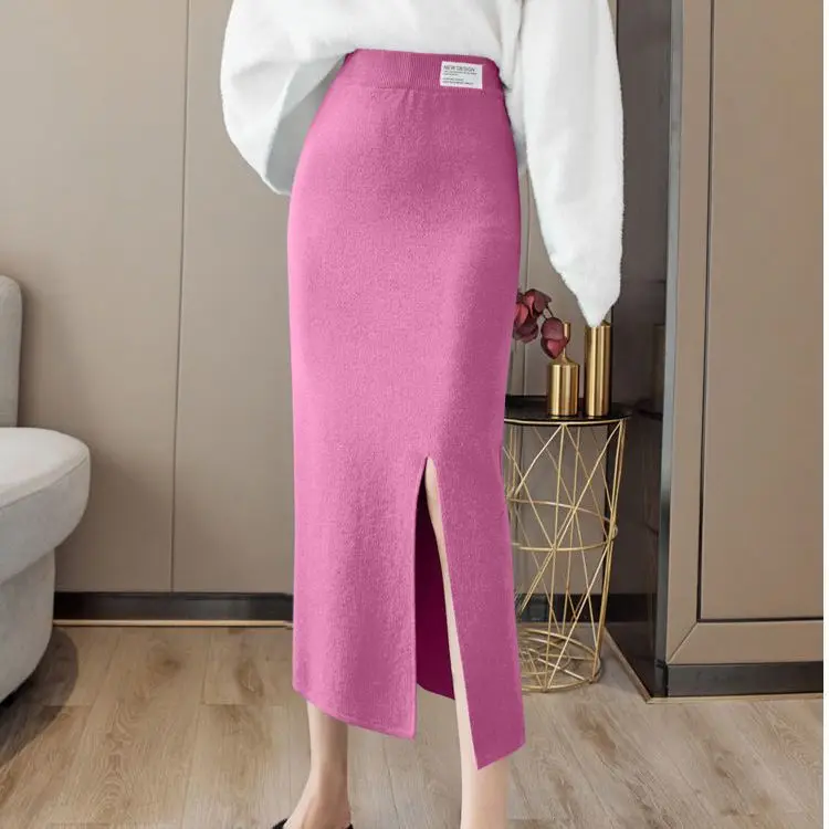 

2023 Vintage Women Thick Sweater Skirt Elastic High Waist Pleated Midi Knitted Skirt Pencil Female Solid Elegant Skirts A23