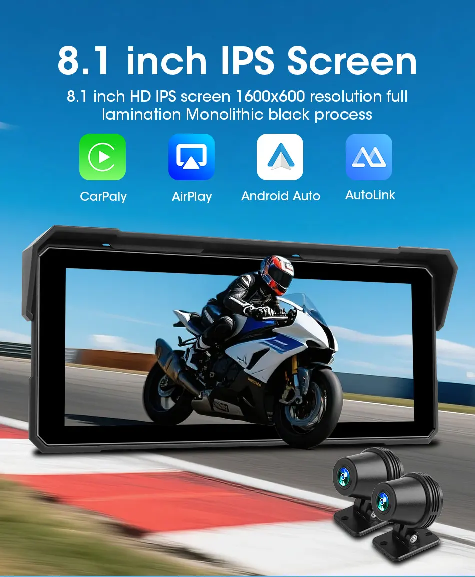 Srnubi 8,1-Zoll-Motorradnavigation, vorne 4K, hinten 1080P, Carplay, Android Auto, DVR, IPX7, wasserdicht, TPMS, tragbarer Bluetooth-Monitor – Detail 2