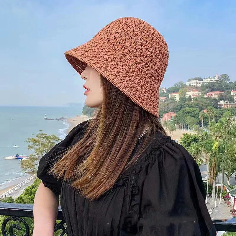 Handwoven Strawyarn Crochet Bucket Hats Spring Summer Soft Sun Hat Women  Beach Hats Plaid Bob Fisherman Cap Women Panama - Bucket Hats - AliExpress