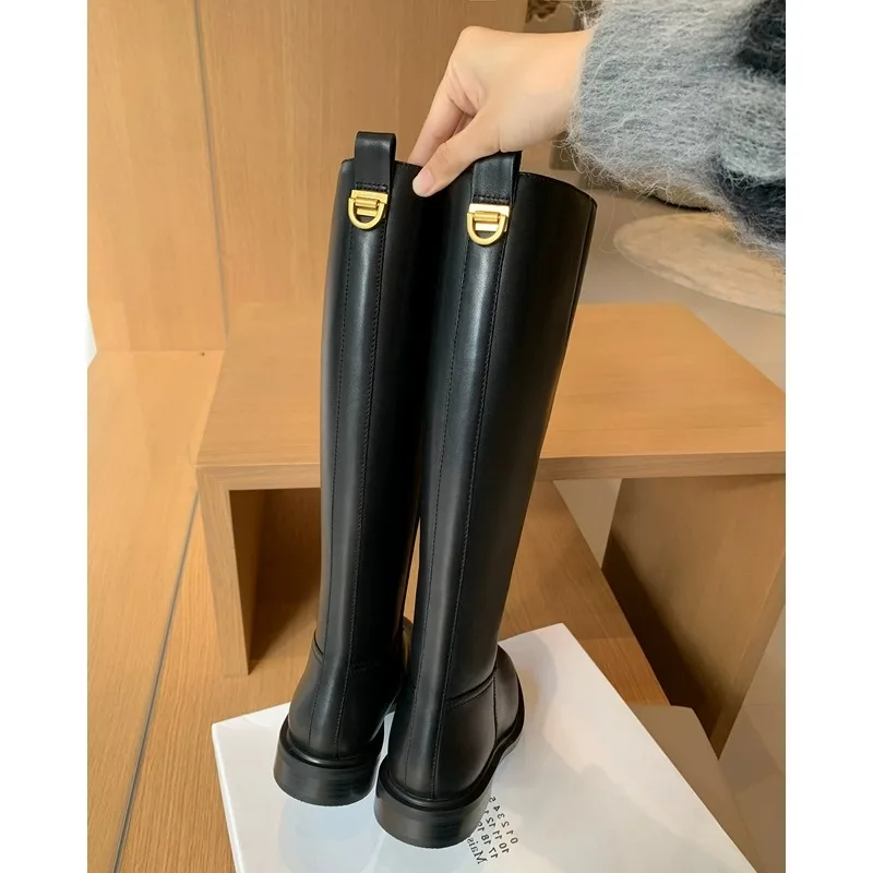 

Slip-On Patent-Leather Round-Toe Boots Winter Thickened Straight Botines Chelsea Slim Solid Color High Knight Botas Femininas