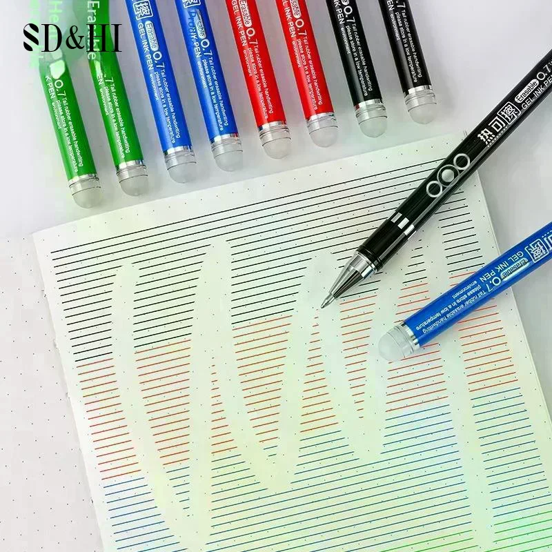 12Pcs 열 지울 수 있는 펜 세트 0.7mm 지울 수 있는 젤 펜 총알 닙 컬러 젤 펜 부드러운 쓰기 학교 사무용품