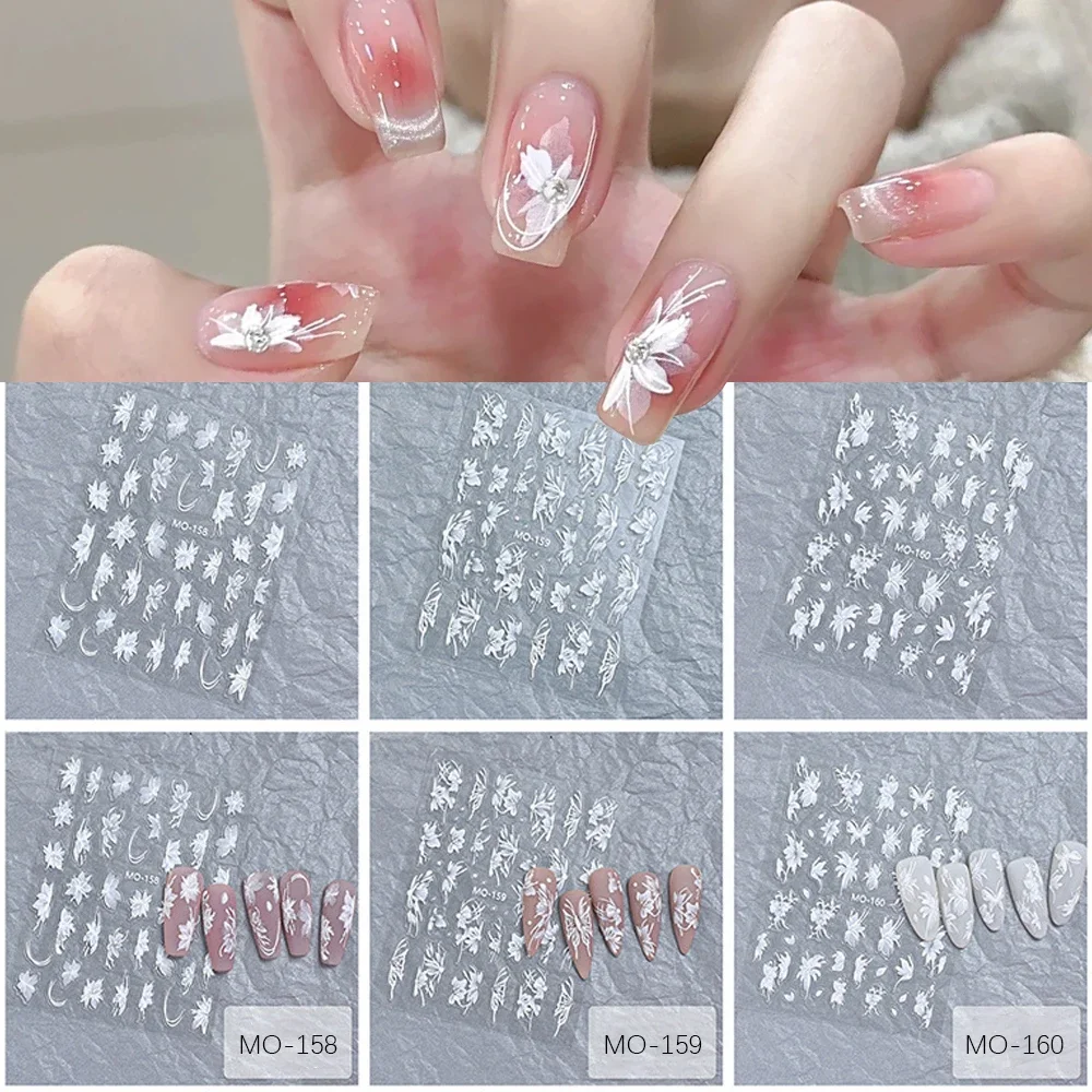 1 Sheet 5D Flowers Nail Stickers Embossed Decals Simple Acrylic Carve White Petal French Nail Art DIY Manicure Decoration 6