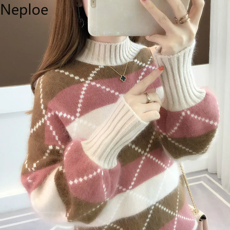 Neploe Korean Autumn Winter News Loose Color Matching Knitted Sweater Turtleneck Striped Pullover Sweaters Loveley Clothes 45511 | Женская
