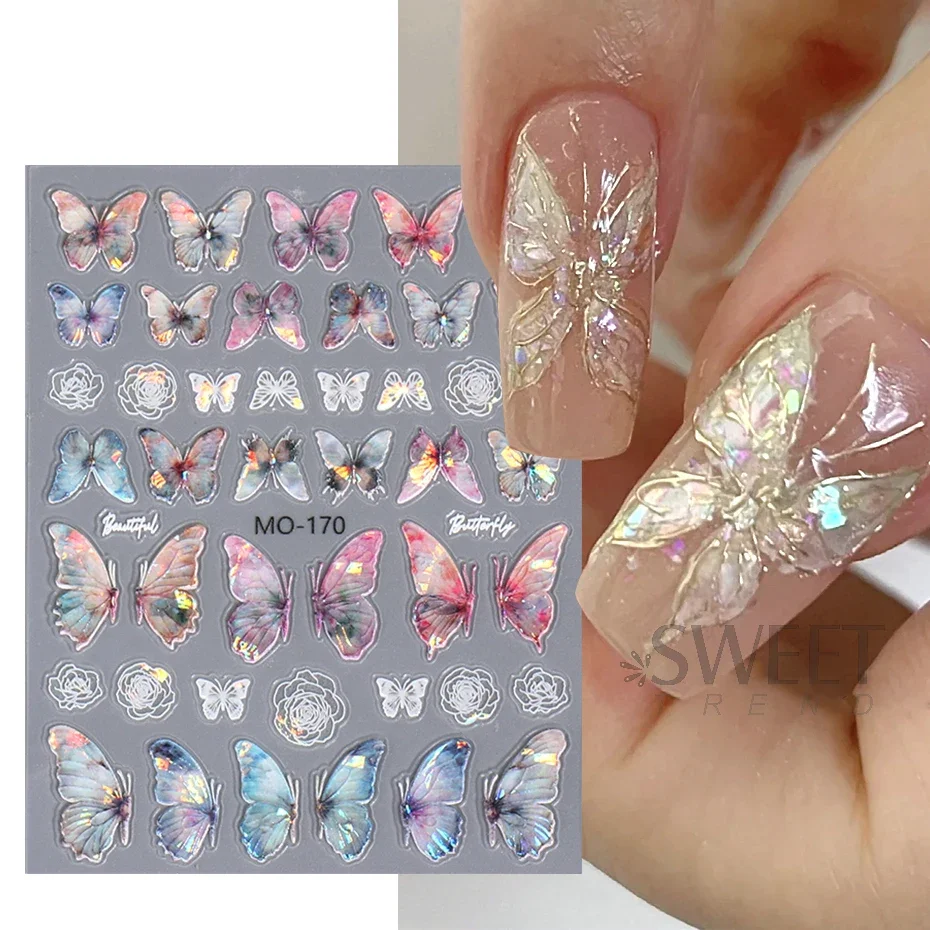 Acrylic Engraved Butterfly Nail Manicure Sticker Holographic Crystal Fairy Rose Flowers Adhesive Decals Charm Spring Foils Wraps