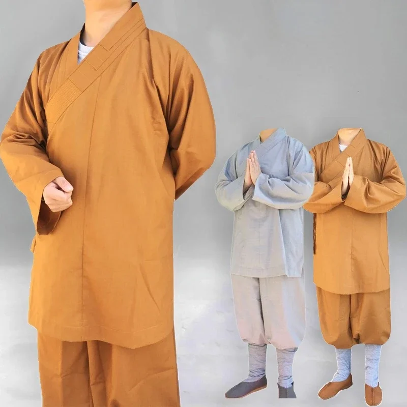 Traditional Chinese Buddhism Arhat Gown Set Adult Men Monk Robe Clothes Top and Pants Buddhist Clothes