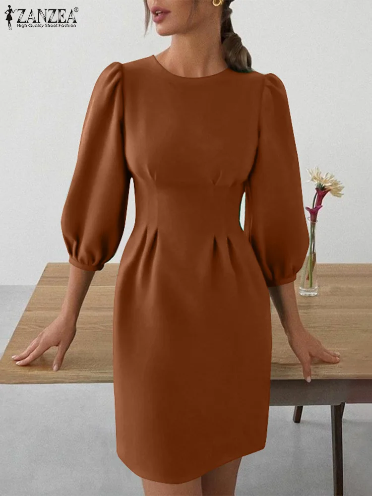 

ZANZEA Women Solid Puff 3/4 Sleeve Vestidos Elegant Collect Waist Party Dress Fashion Round Neck Dress Casual Office Short Robes