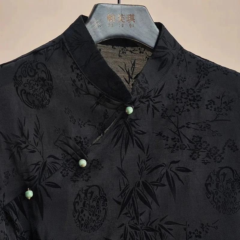 French new Chinese style cheongsam top satin jacquard shoulder short-sleeved T-shirt women new summer retro 4