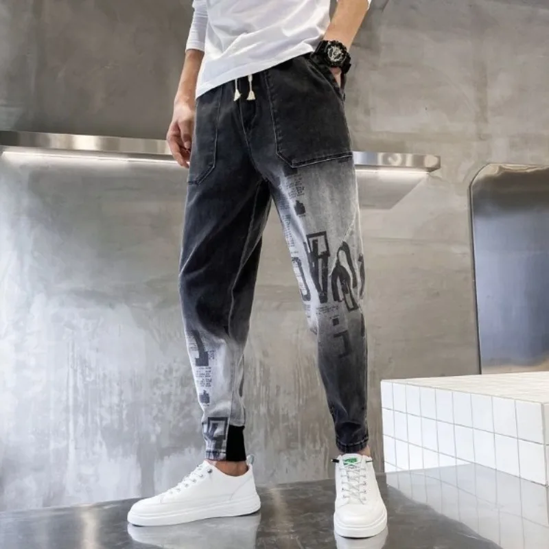 2024 Trendy Brand Nine Point Jeans for Men's New Gradual Feet Haren Pants Trendy Men's Loose Feet Tights Korean Edition Casual