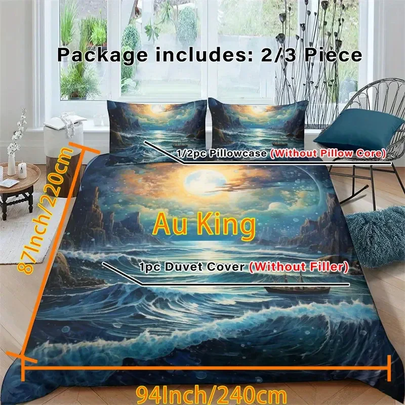 Family Vacation Orange Red Sea Star Shell Conch Beach Ocean Waves Print Soft Comfortable Bedding Set for Bedroom Dorm Room