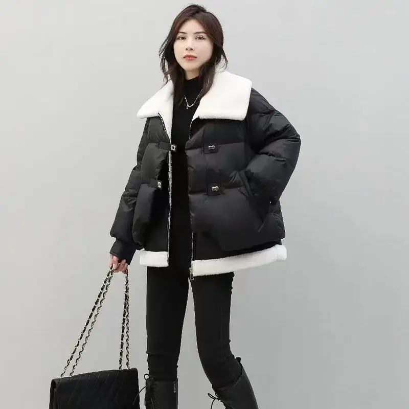 winter-down-coat-short-white-duck-jacket-for-women's-warm-loose-thick-polo-collar-plush-versatile-splice-f299