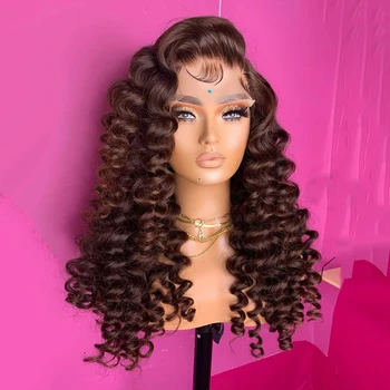Brown Curly Wig Lace Front Long Deep Curly Synthetic Lace Wig Heat Resistant Hair Daily Use Natural Hairline Wigs for Women