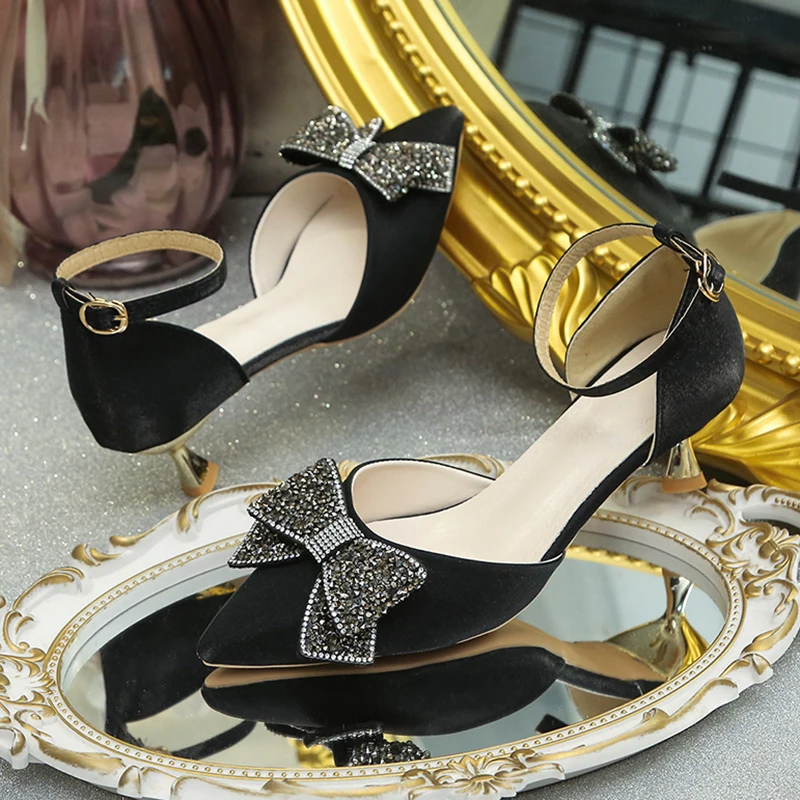 JMPRS Shiny Crystal Bowknot Pumps Women 2022 Elegant Med Heel Wedding Party Shoes Woman Pointed Toe Ankle Strap High Heels Shoes