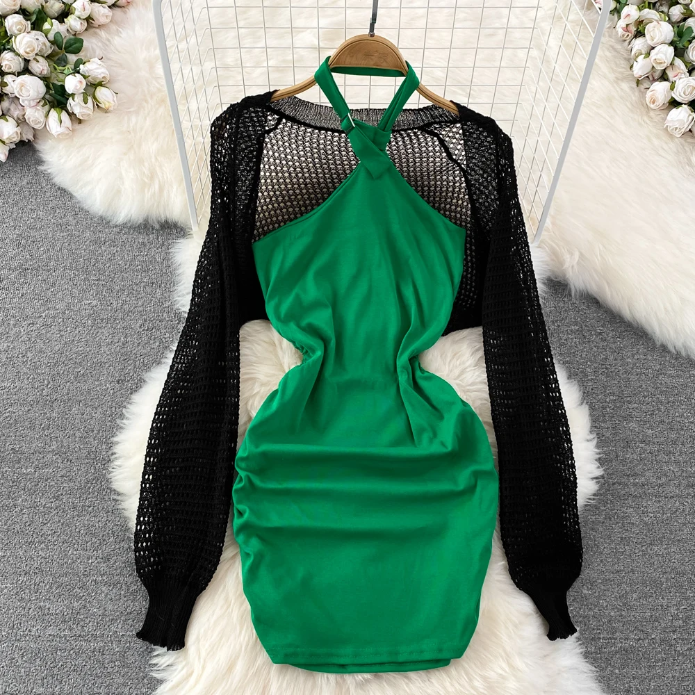 

Sexy Babes Halter Neck Buckle Tube Top Hollow Shawl Sunscreen Slim Dress Two-piece Coat