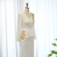 Elegant White Mermaid MuslimEvening Dress with Long Sleeves Gold Beaded Arab Muslim Women Wedding Party Gowns 283 1