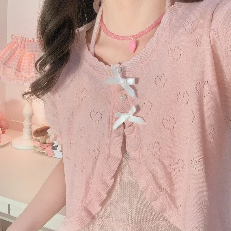 Cute Knitted Cardigan Women Pearl Button Bow Decoration Heart Hollow Out Short Sweater for Sweet Girl Kawaii Clothes 2