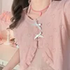 Cute Knitted Cardigan Women Pearl Button Bow Decoration Heart Hollow Out Short Sweater for Sweet Girl Kawaii Clothes 2
