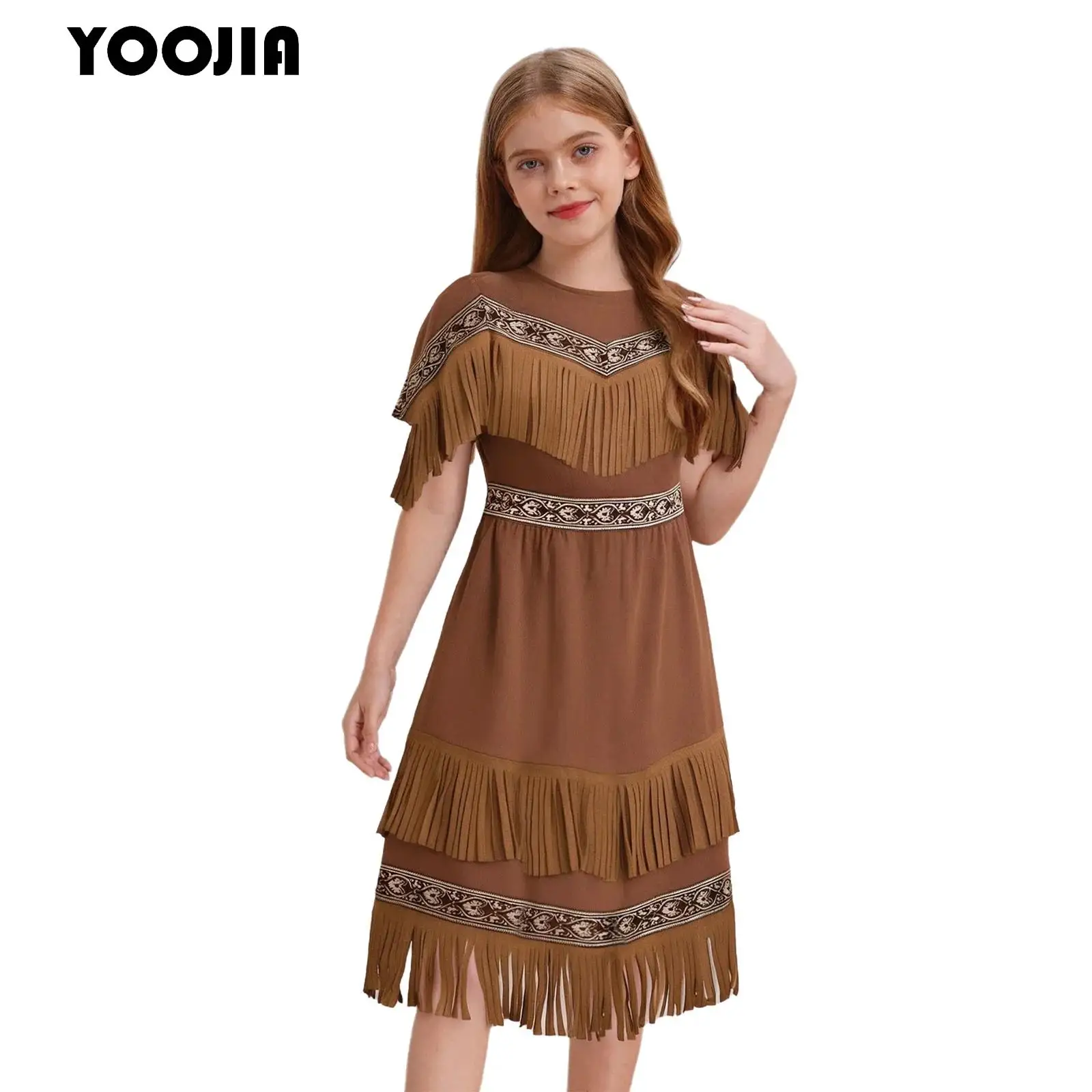 Disfraz de actuación de nativo americano para niñas, vtido de princa india indígena con borlas de manga corta para Halloween y Carnaval - AliExprs 1501 Disfraz de actuación de nativo americano para niñas, vtido de princa india indígena con borlas de manga corta para Halloween y Carnaval - AliExprs 1501