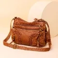 Women Vintage Woven Detail Crossbody Bag Studded Decor Shoulder Bag Soft PU Leather Purse Multi Pocket Handbags Large Capacity