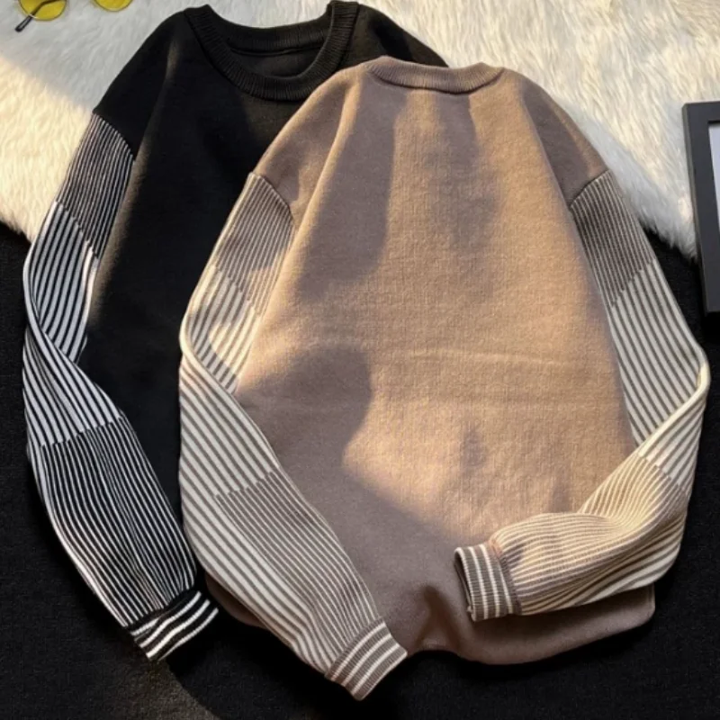 Men's Round Neck Knitted Sweater 2024 Spring New Korean Striped Patchwork Pullover Sweater Loose Handsome Men Clothing D0021