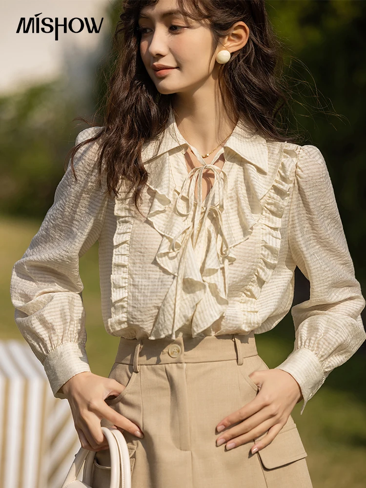 

MISHOW Spring Women's Shirt 2023 French Bow Lace-up Blouse Solid Long Sleeves Top New Elegant Ruffles Clothing Female MXC11C0711