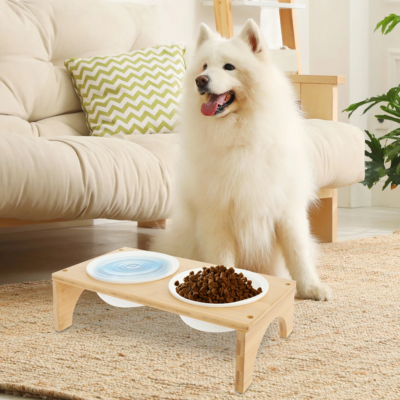 Pet Feeder Double Bowl Ceramic Dog and Cat Bowl with Bamboo Stand Elevated Neck Guard Dog Food and Water Bowl Pet Accessories