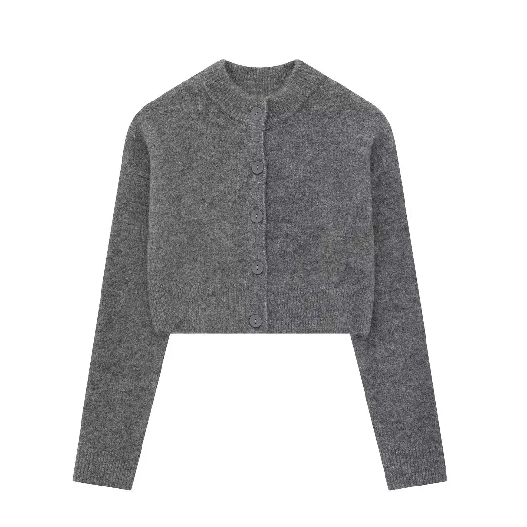 thumbnail image 1 of HH TRAF 2024 Abrigos elegantes de punto para mujer, cárdigan liso de cuello redondo y manga larga con una sola botonadura, abrigo de otoño para mujer, moderno en 4 colores, 1 of 5