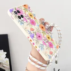 Elegant Purple Floral Lanyard Silicone Phone Case with Adjustable Strap for oppo A16K(A16E) (White)