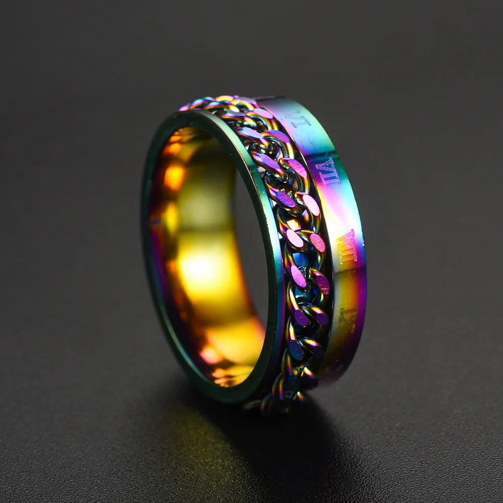 Titanium Steel Ring European and American Transfer Rotating Roman Chain Personality Roman Letter Chain Rings Men Digital Ring
