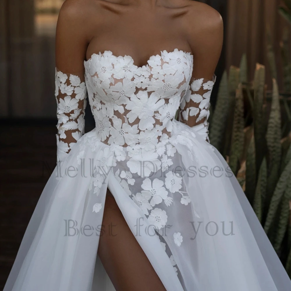 Strapless Wedding Dresses with Lace Summer Full Sleeve Side Slit Bridal Gowns for Women Vestido De Novia