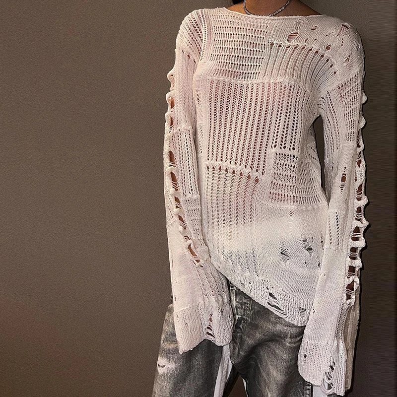 Ripped Women Full Length Pullovers Knitting Loose Casual Beggar Style Hollow Out Lady T-shirt Harajuku Streetwear Y2K