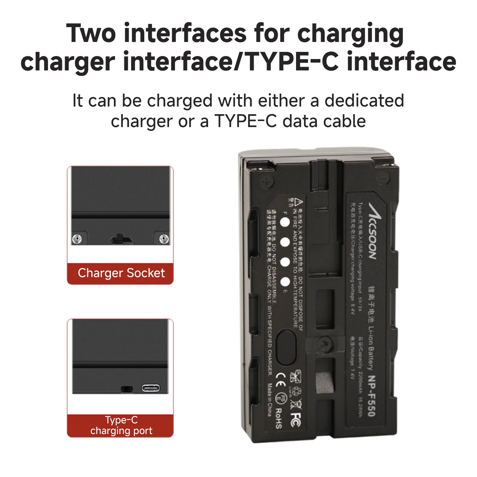 Accsoon NPF550 Battery 2200mAh USB-C Charging Port LED Video Light Compatible for Sony Canno Camera Panel Lamp Photography
