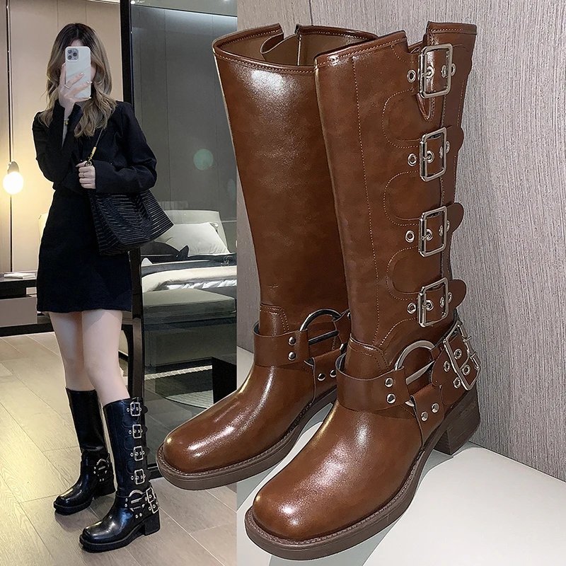 Women Knee Boots Woman Boots Knee High Platfrom Studded Spring Summer Knight Combat Gothic Elegant Medium Heel Women's Shoes Motorcycle Footwear
