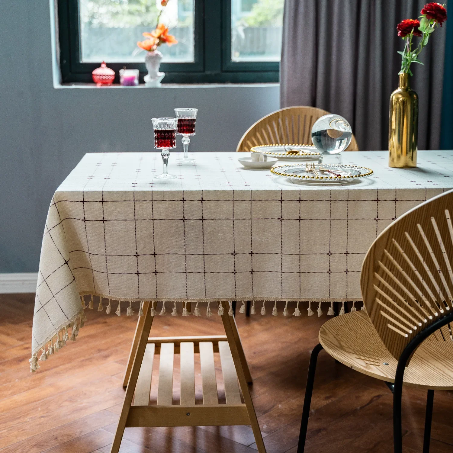 

Modern Tassel Tablecloth Party Coffee Table Tablecloth Rectangular Cotton and Linen Thickened Table Cloth Home Plaid Decoration