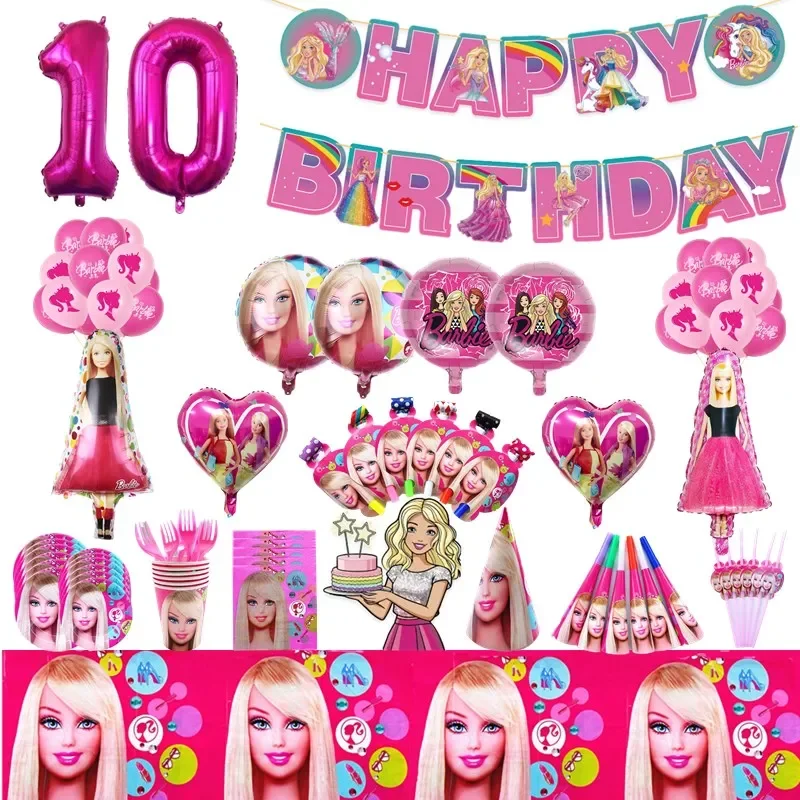 Party Tableware Barbie Doll Disposable Tableware Paper Cups Plate Napkins Foil Balloon Party Props