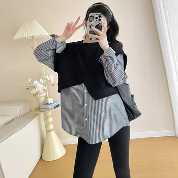 Sweet Large Turn-Down Collar Pregnant Women Blouse Autumn Long Sleeve Loose Single-breasted Maternity Plaid Shirts Black Clothes