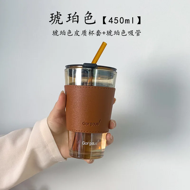 Creative Glass Coffee Cup With Lid Heat Resistant Tea Cups Mug With Straw 450Ml