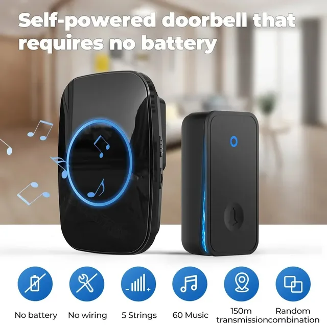 Wireless Doorbell Smart Home Welcome Door Bell 60 Ringtones 150M Long Distance Outdoor House Door Chime Kit Battery Free 2