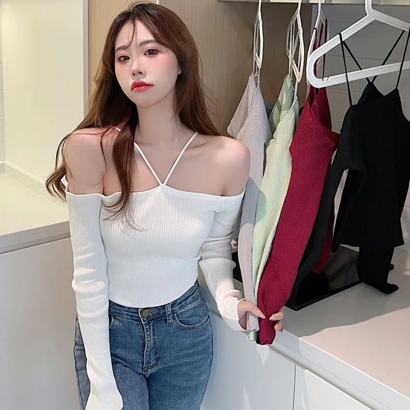 섹시한 여성 캐주얼 블라우스, 오프 숄더 티, 오프 숄더 슬림 긴 소매 핏 티셔츠