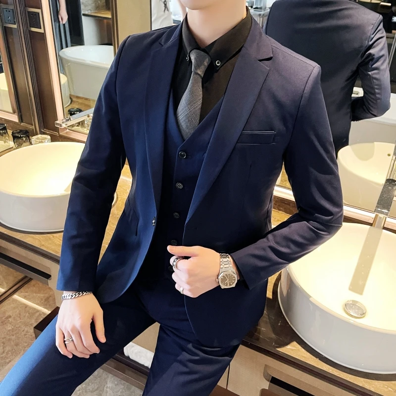 Classic Solid Color Three-Piece Set Wedding Suit Four Seasons Fashion Business Casual Handsome Suit Vest Trousers Combo