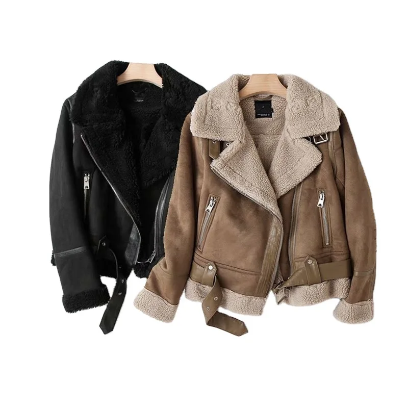 

Thick Women's Coat Winter 2023 Suede Fleece Lined Lapel Oblique Zipper Pockets Patchwork Motorcycle Jacket Outwear Women Clothes