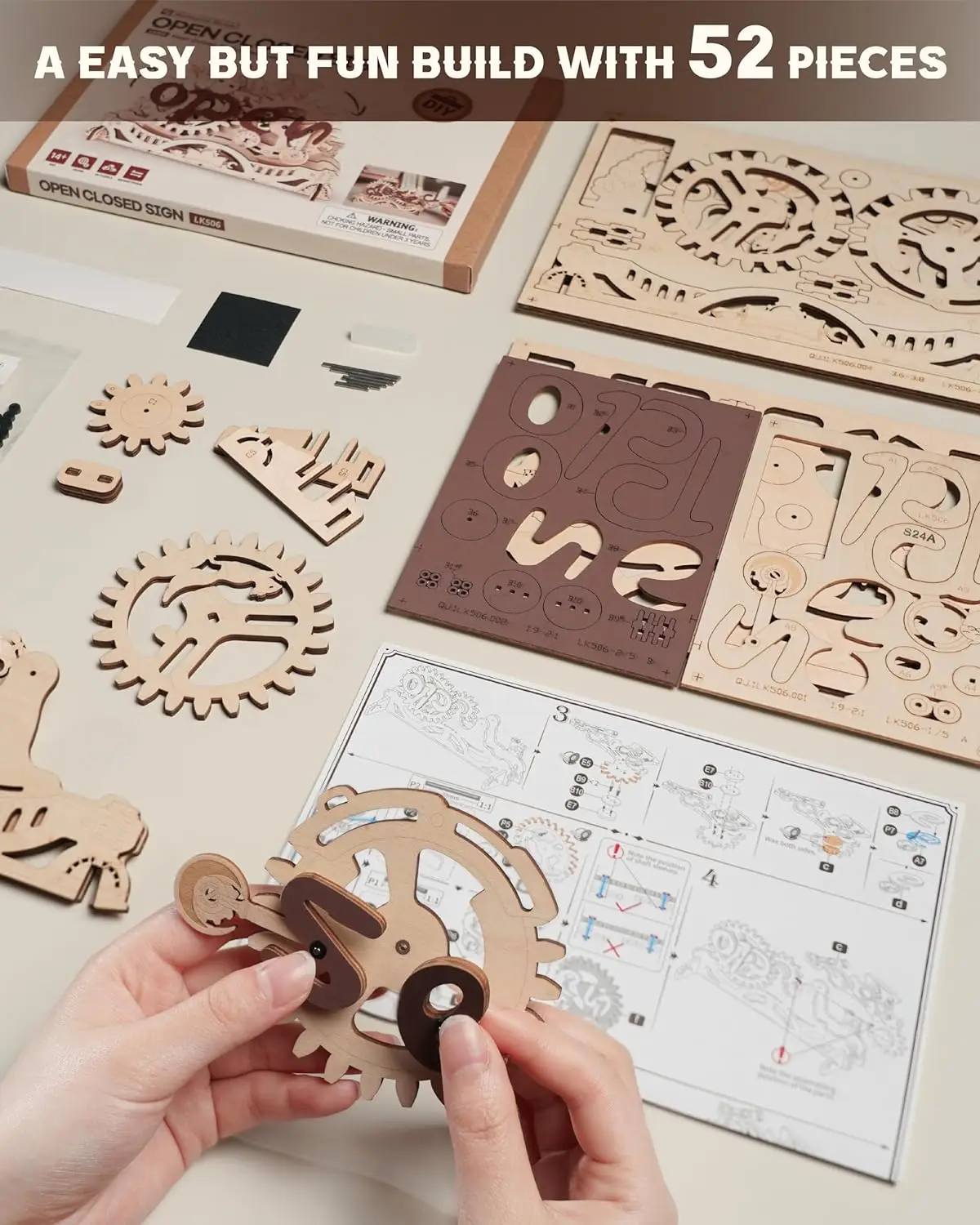 Kit Modello 3D in Legno Robotime, Insegna Aperta/Chiusa Meccanica, Puzzle in Legno, Regalo Creativo per Aziende e Negozi, per Adulti - immagine 2