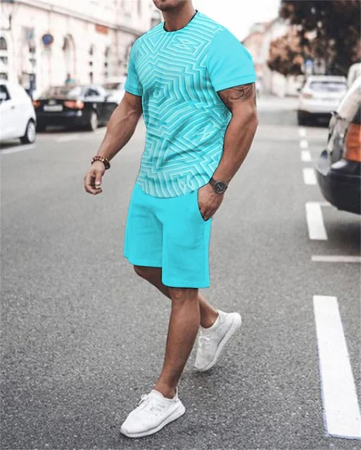 New 2022 Summer  Men's T-shirt Set Casual Simple  Short Sleeve + Shorts Fashion Trend 3D Printing 2 Piece Set TS1380