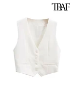 TRAF Women Fashion Front Buttons Cropped Waistcoat Vintage V Neck Sleeveless Female Outerwear Chic Tops 1