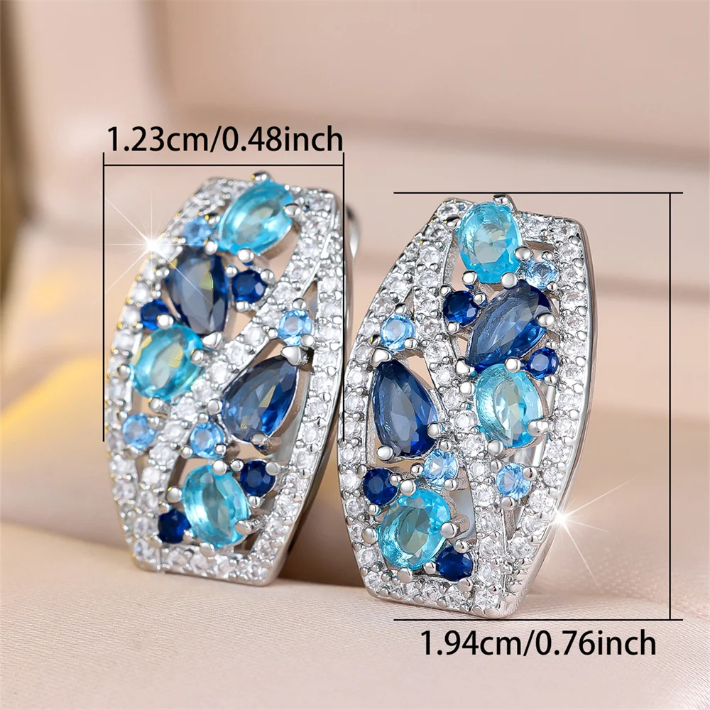 Aqua Blue Crystal Water Drop Stone Hoop Earrings For Women Vintage Silver Color Geometric Ear Buckle Wedding Jewelry Bridal Gift