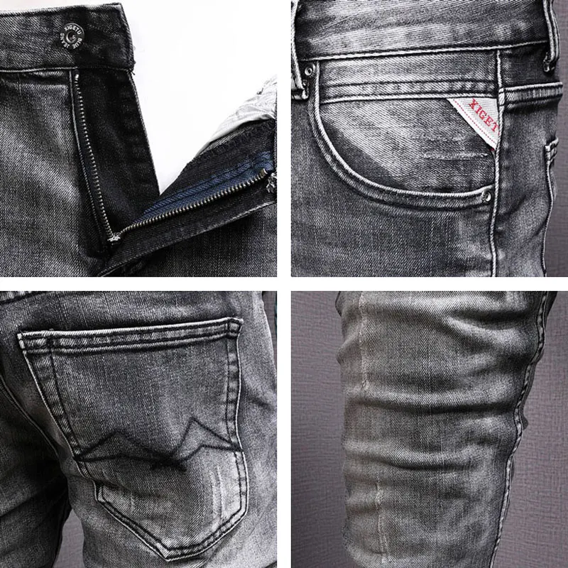 Fashion Designer Men Jeans High Quality Retro Black Gray Elastic Slim Fit Ripped Jeans Men Trendy Trousers Vintage Denim Pants